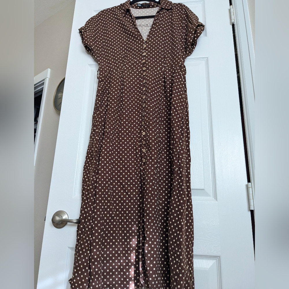Zara Brown White Button Down Linen Blend Polka Dot Dress Size L Missing Belt - Picture 2 of 11